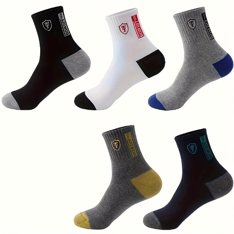 5 pairs of comfortable, trendy crew socks for men, breathable and soft for casual wear.