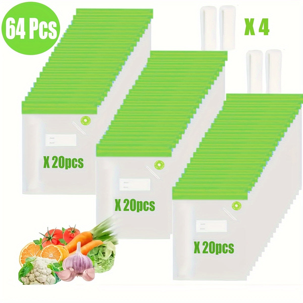 64-piece EFILNEERG set of vacuum food storage bags made from BPA-free plastic. These bags are airtight and leak-proof, come with secure clips, and are perfect for preserving food, vacuum cooking, and organizing your household. They are safe for contact