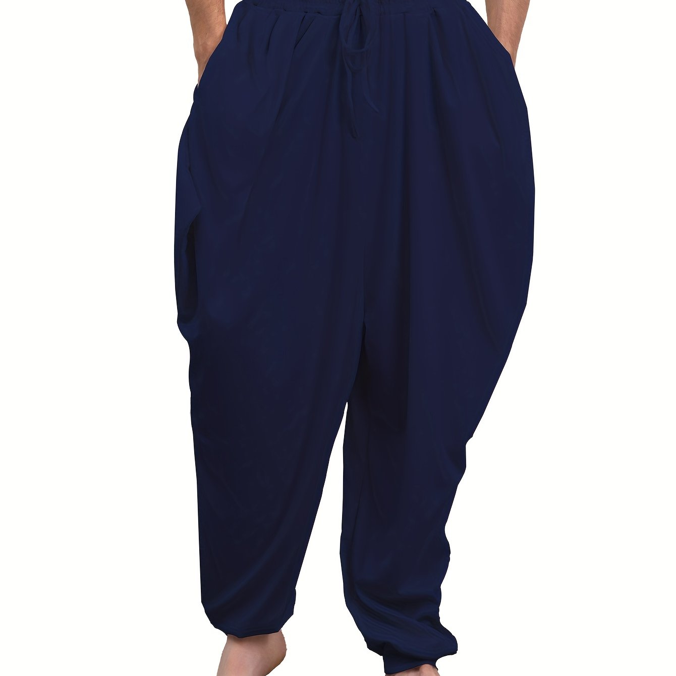 Adult harem pants in 100% polyester knit fabric, medium stretch, solid color, loose fit with drawstring, suitable for all-season weekend wear, available in plus size.