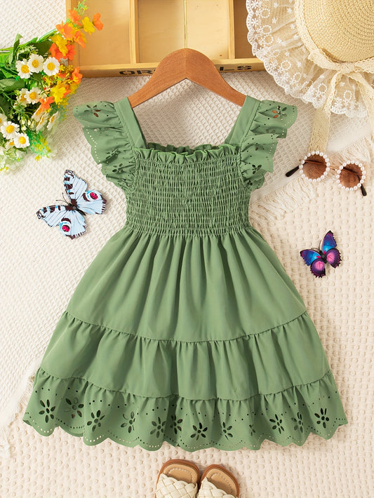 Solid ruffle sleeve square neck dress for girls, perfect for summer holiday parties.