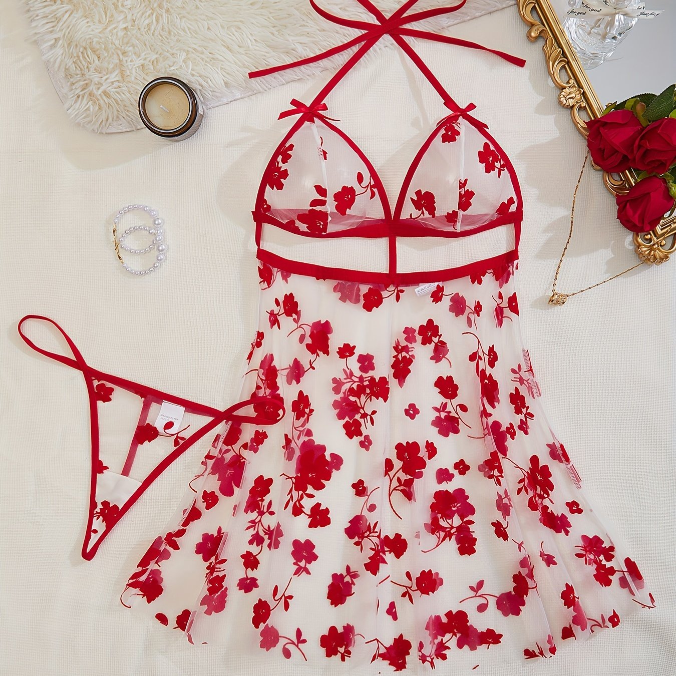 Red floral sheer mesh lingerie set includes halter top and thong, perfect for a romantic night.