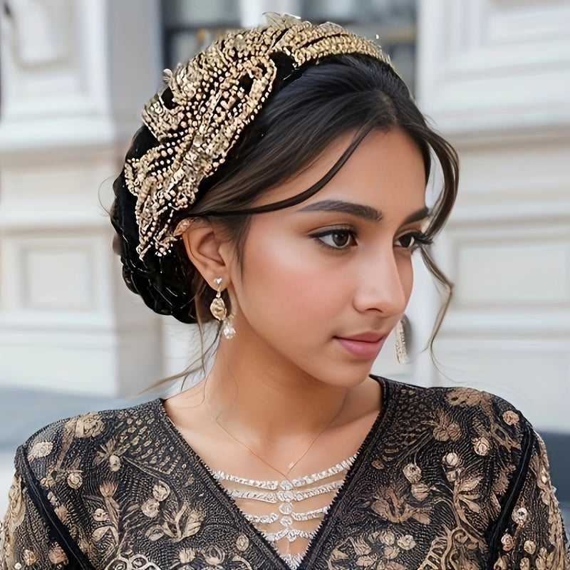 The elegant lady wears a light and breathable headband adorned with shiny beads and flowers, suitable for daily outings, parties, and performances.