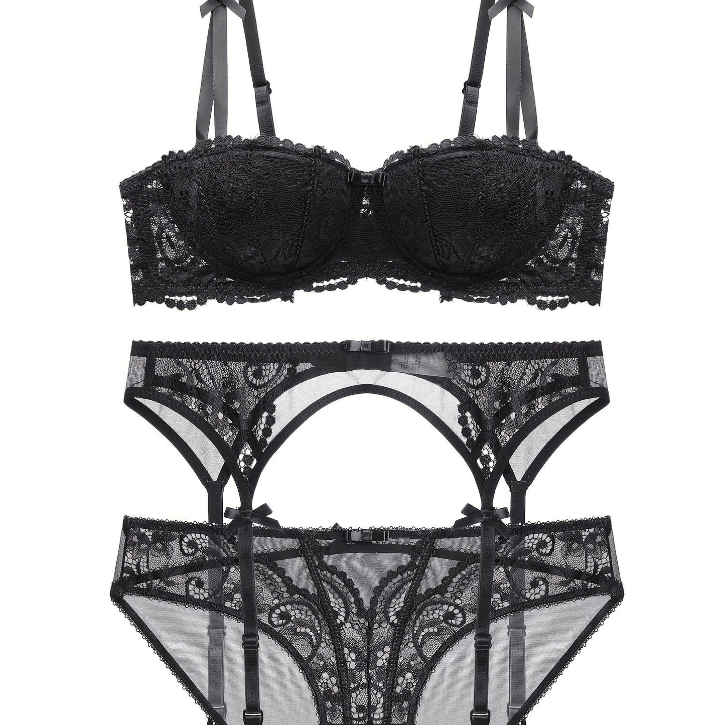 Floral lace lingerie set includes push up balconette bra with bow tie and matching bikini panties for women.