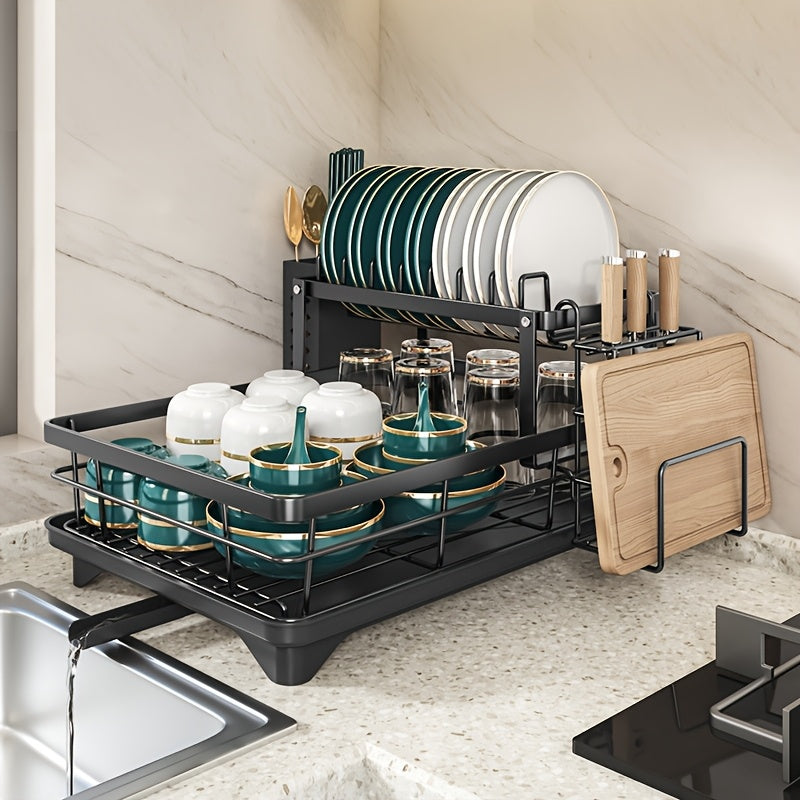 Space-saving double dish rack with drainer, chopping board rack, cup, and cutlery rack. Large capacity, stackable, easy to remove for cleaning. Ideal for kitchen organization.