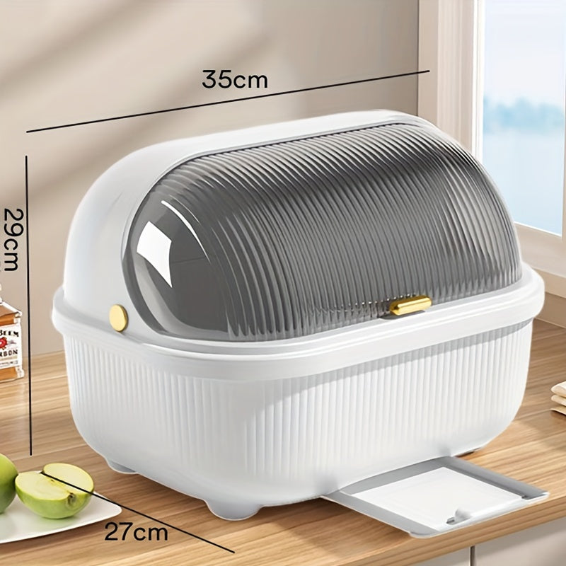 The Large Capacity Kitchen Storage Box is a covered plastic dish rack designed to keep dishes and utensils organized and protected from dust and insects. This drainer organizer container requires no electricity, making it a convenient and efficient