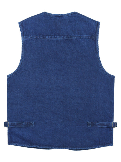 Men's sleeveless denim vest with multi-zipper design, made of 100% cotton. Perfect for outdoor spring and fall wear, casual and trendy.