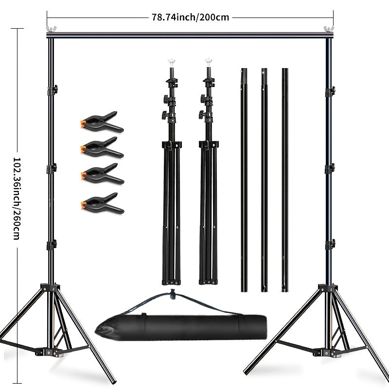 Iron Photography Backdrop Stand System, adjustable height, portable with carrying bag for various events.