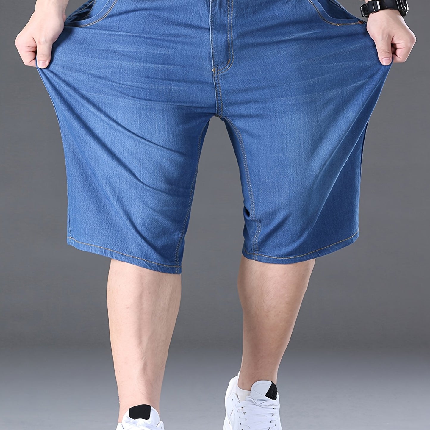 Stylish summer denim shorts for plus-size men in blue.