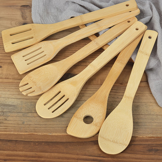 6-piece Bamboo Kitchen Utensil Set includes long wooden spoons and spatulas, safe for nonstick cookware, made of natural wood. Essential kitchen accessories for home and apartment.