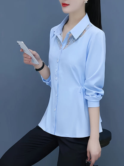 Elegant slim-fit lace stitching button front shirt for office & work.