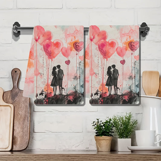 Set of 2 Romantic Balloon Illustrated Kitchen Towels - Made of Ultra Soft, Highly Absorbent Polyester, 40.64x60.96 cm, Easy to Clean in Washing Machine, Ideal for Adding a Touch of Love to Your Valentine's Day Decor, Perfect for Drying Dishes