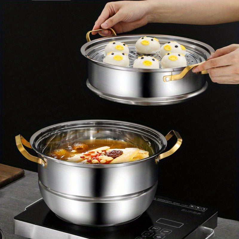 Stainless Steel Double-Layer Steamer Pot with Multi-Tiered Dumpling Steamer Insert, 27.94cm Size for Stovetop Use, Easy to Clean and Versatile Cookware