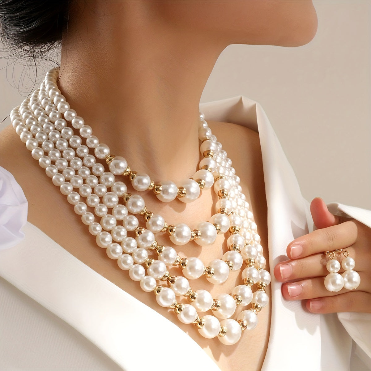 Valentine's Day Special: Elegant Vintage-Inspired Multi-Layer Imitation Pearl Jewelry Set with Necklace and Earrings, Beaded Material, Unplated, Ideal for Weddings and Gifting, Perfect for Any Season