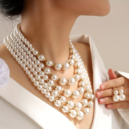 Valentine's Day Special: Elegant Vintage-Inspired Multi-Layer Imitation Pearl Jewelry Set with Necklace and Earrings, Beaded Material, Unplated, Ideal for Weddings and Gifting, Perfect for Any Season