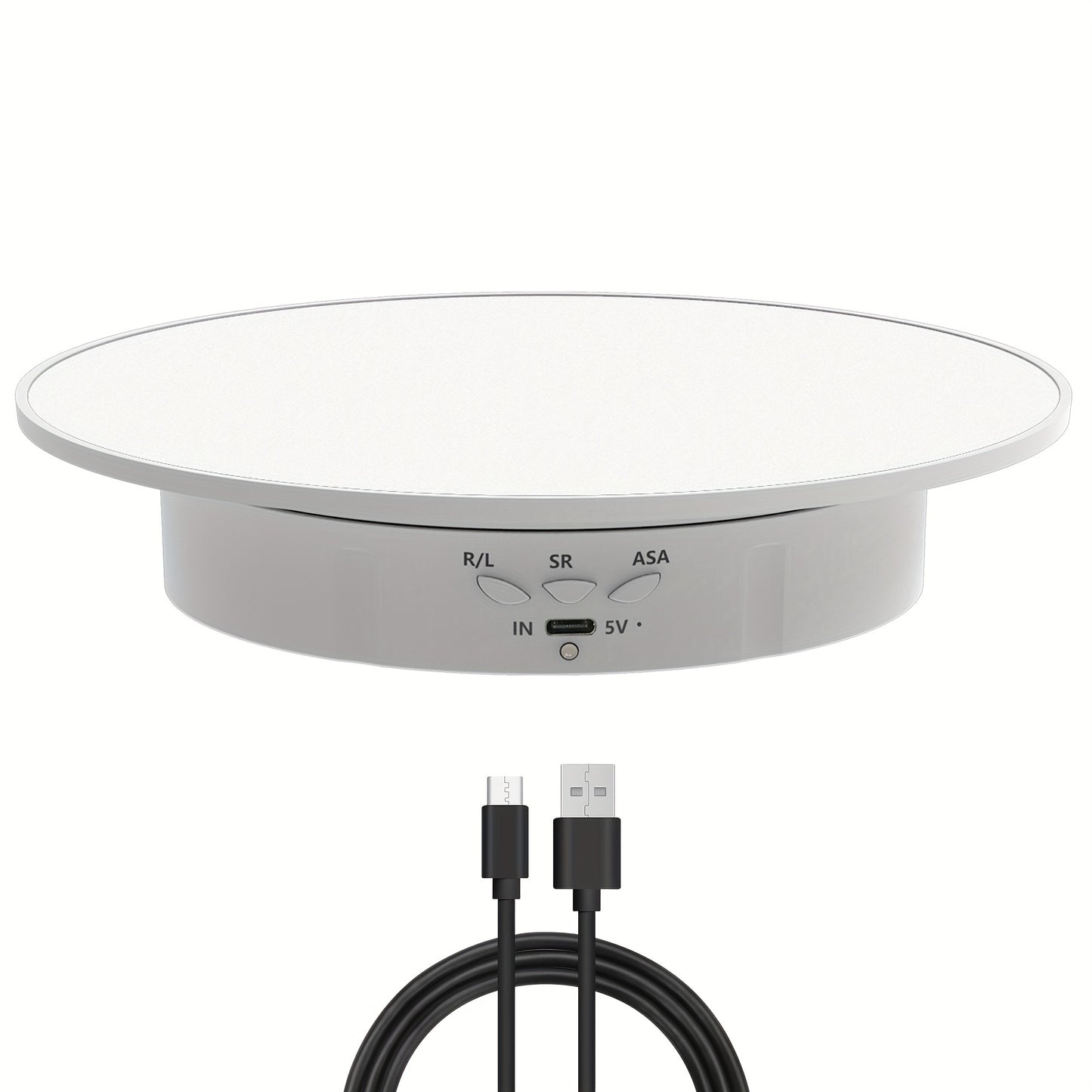 Motorized rotating display stand with 19.99cm pedestal, 360° adjustable speed, 7.71 KG load capacity. Suitable for photography, jewelry, and 3D model exhibitions. Can be powered by USB or