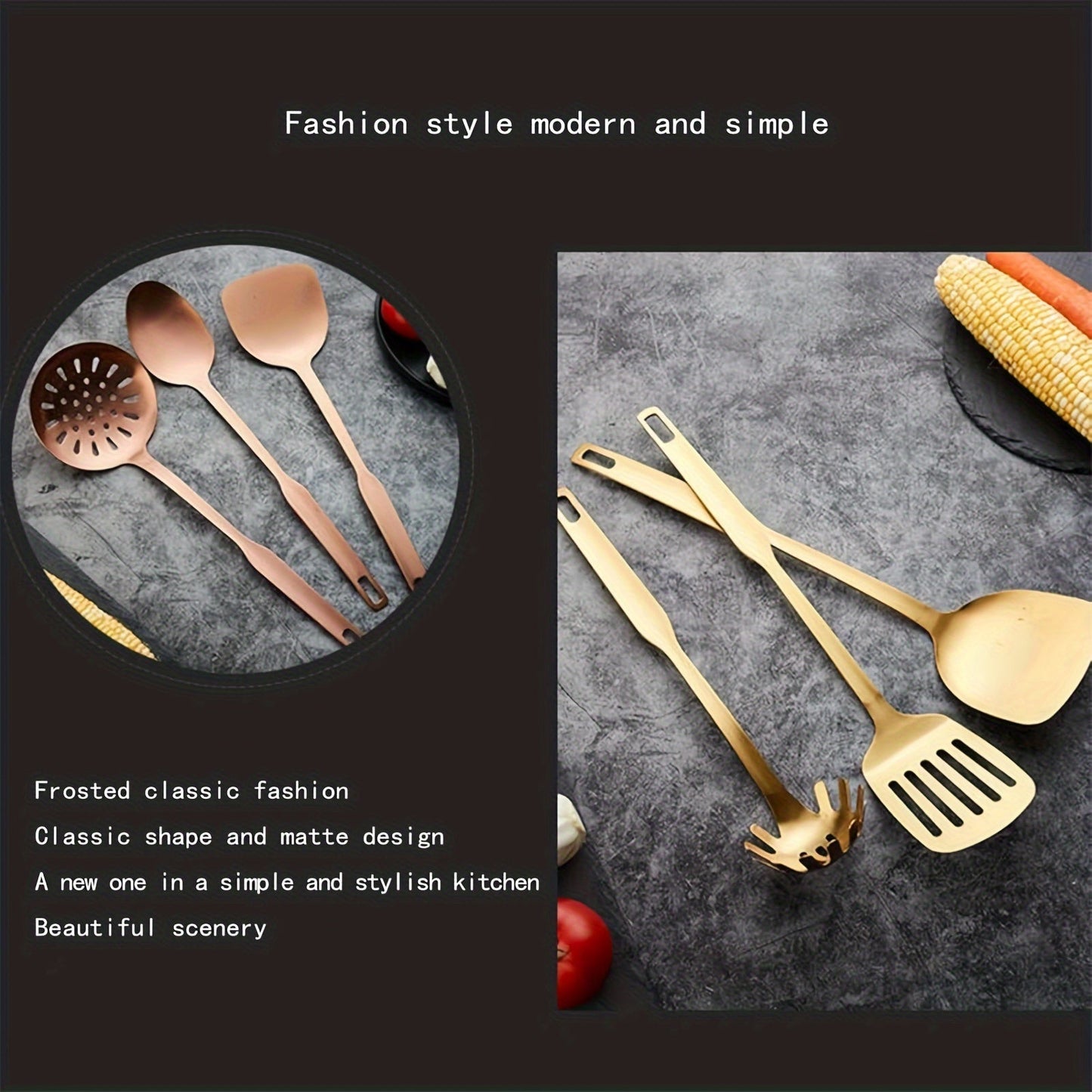 Set of 6 stainless steel kitchen utensils with matte finish, rust-resistant and non-magnetic. Includes spoon, slotted spoon, ladle, pasta fork, skimmer, and spatula.