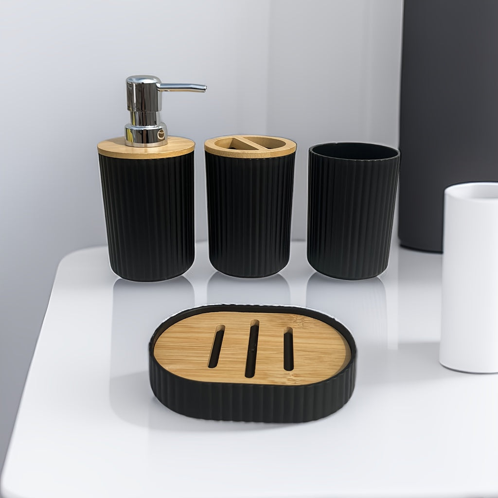 4-piece Bamboo Lid Bathroom Set includes press-to-pump dispenser bottles, toothbrush holder, soap dish, mat, and plastic storage organizer rack.