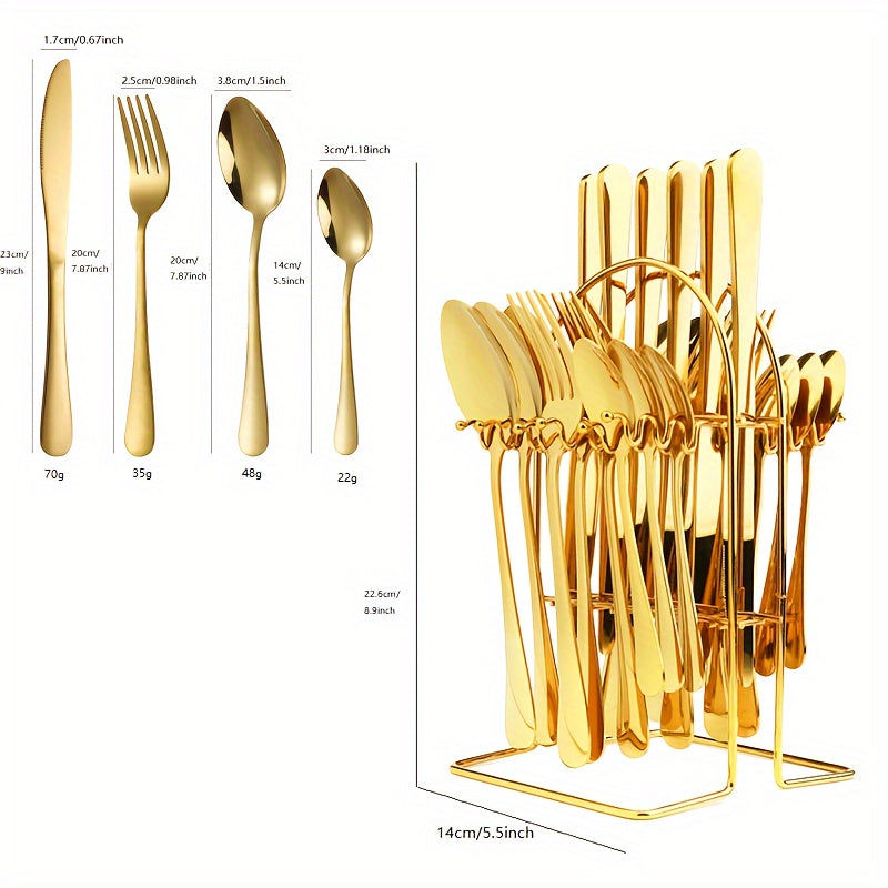 24-piece Golden Stainless Steel Cutlery Set with Metal Stand - Includes Steak Knives, Forks, Spoons - Ideal for Home, Restaurant, Party, Wedding.