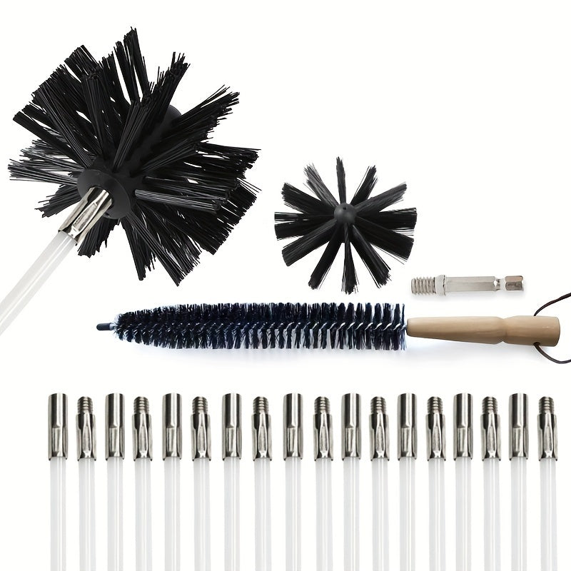 This kit includes a set of flexible 9/18 flexible rods for cleaning dryer vents and pipes, along with a 1/2 inch brush head cleaning brush and a dryer lint brush. It can also be used for cleaning fireplaces.