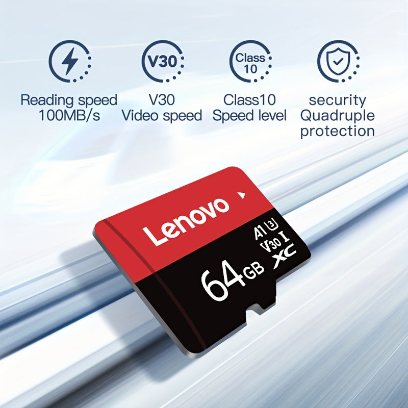 Lenovo High-Speed SD Card, sizes ranging from 32GB to 256GB, with UHS Class 10, V30, and A1 compatibility. Includes Micro SD adapter for multiple devices.