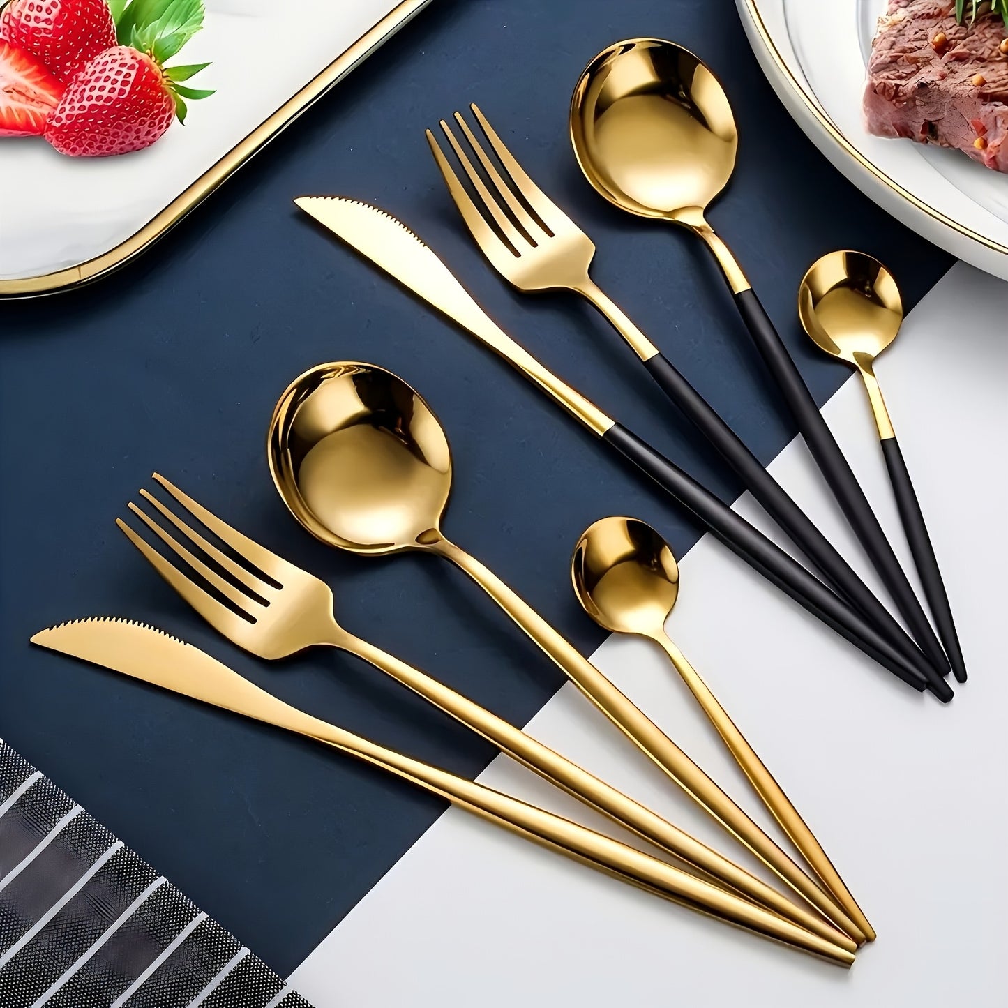 Premium 24-piece stainless steel flatware set with high-temperature resistance, rust-proof, elegant golden finish, and durable cutlery for various occasions.