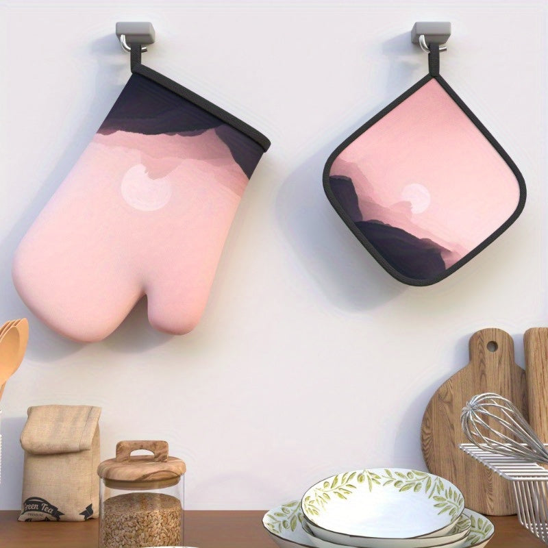 Set of 2 Pink Hazy Moon Heat-Resistant Oven Mitts and Pot Holders - Size 26.92x17.02 cm, Made of Polyester, Safe for Machine Washing - Perfect for Cooking, Baking, Grilling, and Microwave Use - Adds Charming Decor to Your Kitchen