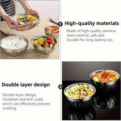 5 stainless steel bowls with double-layered heat insulation, suitable for serving salads, noodles, soups, desserts, and ice cream. Dishwasher safe and suitable for kitchen utensils and tableware.