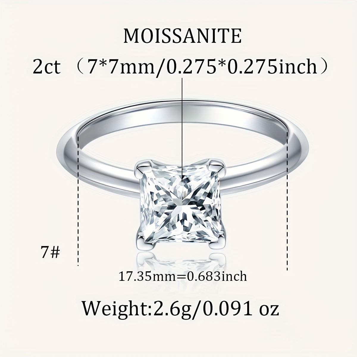 1 carat/2 carat/3 carat Elegant Bohemian Square Moissanite Princess Cut Ring for Women, made of 925 Sterling Silver, Hypoallergenic, Comes with Certificate and Gift Box, Ideal for Daily Wear, Anniversary, Wedding, and Valentine's Day Gift