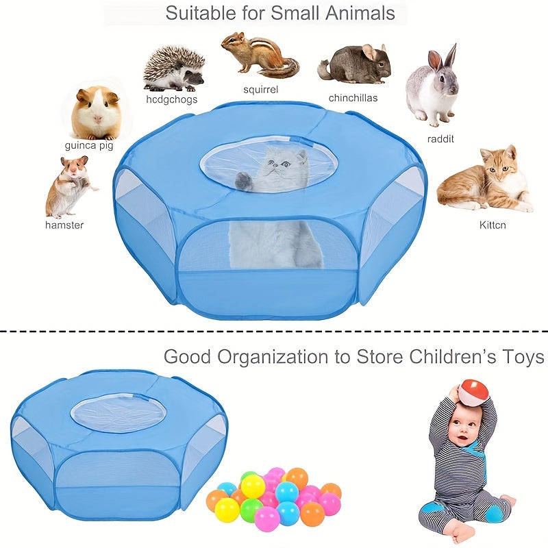 Portable foldable pet playpen made with durable PE material and cover, suitable for small animals.