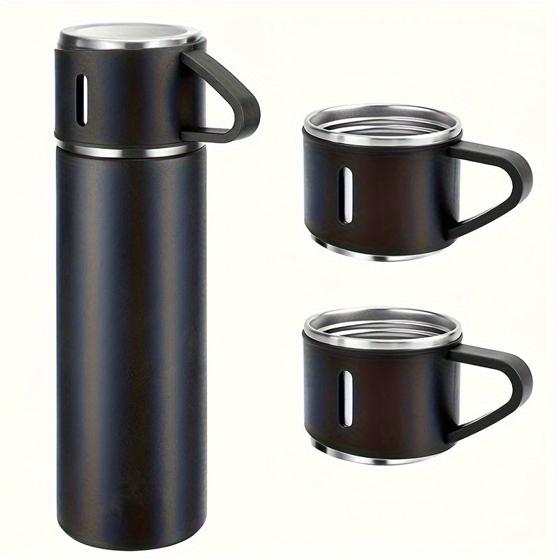 Stainless steel insulated mug set with 500ml capacity, leakproof lid, and portable design for hot and cold drinks - ideal for business and school use.