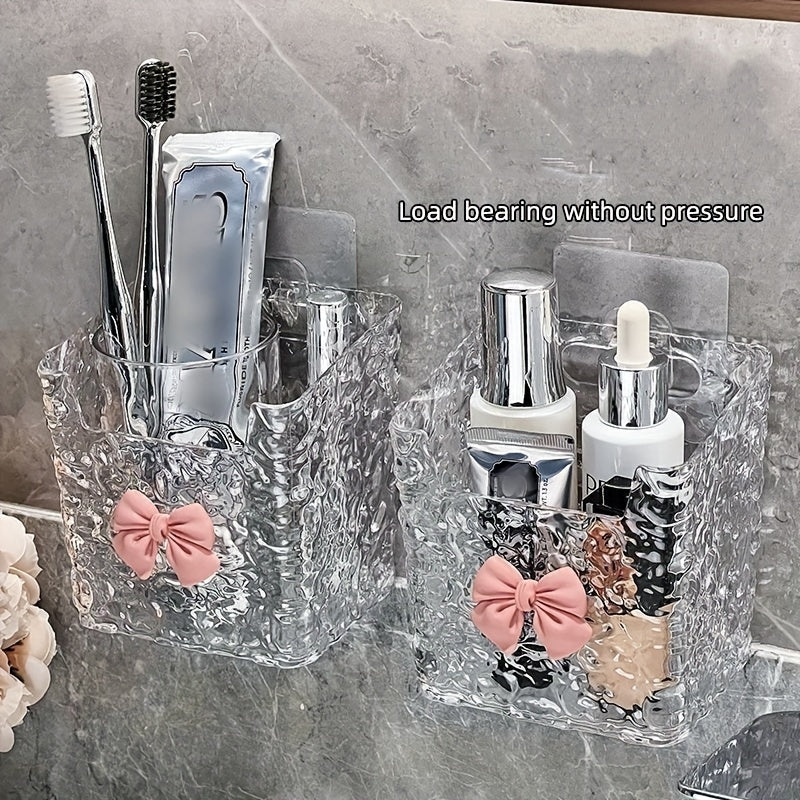 Set of 1/2/3 Acrylic Hanging Storage Bins with Embossed Pattern for Bathroom & Kitchen. Perfect for organizing toothbrushes, toothpaste, makeup, and can be wall-mounted or used on tabletops. Made of plastic.