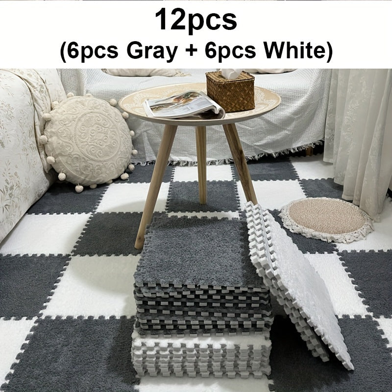 Set of 12 furry carpets for the room, featuring foam splicing that is perfect for the bedroom, living room, or any large area in the household. This mat not only provides warmth and comfort but also helps soundproof the space. Perfect for adding a cozy