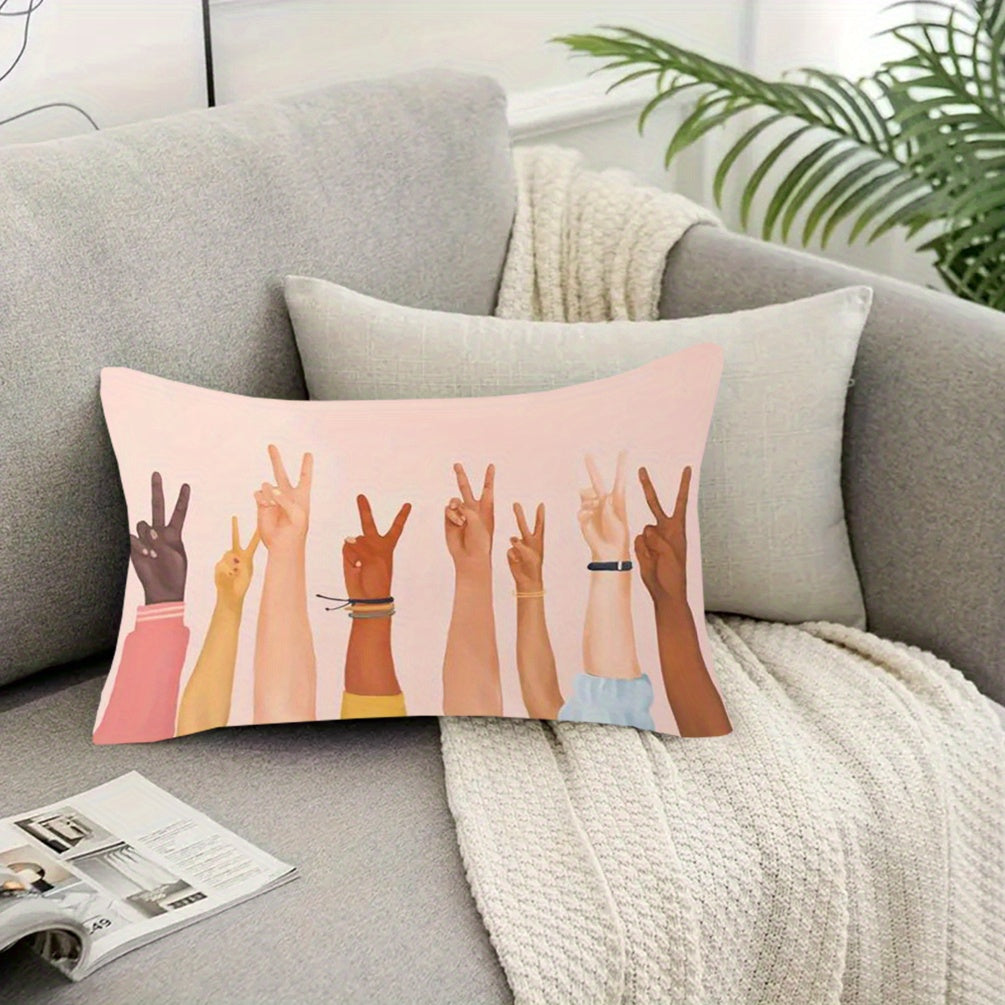 Single Peace Sign Hand Gesture Cushion Cover - Polyester Blend, 30.48x50.8 cm, Short Plush, Single-Sided Print, Perfect for Sofa and Home Decor - 1 Piece