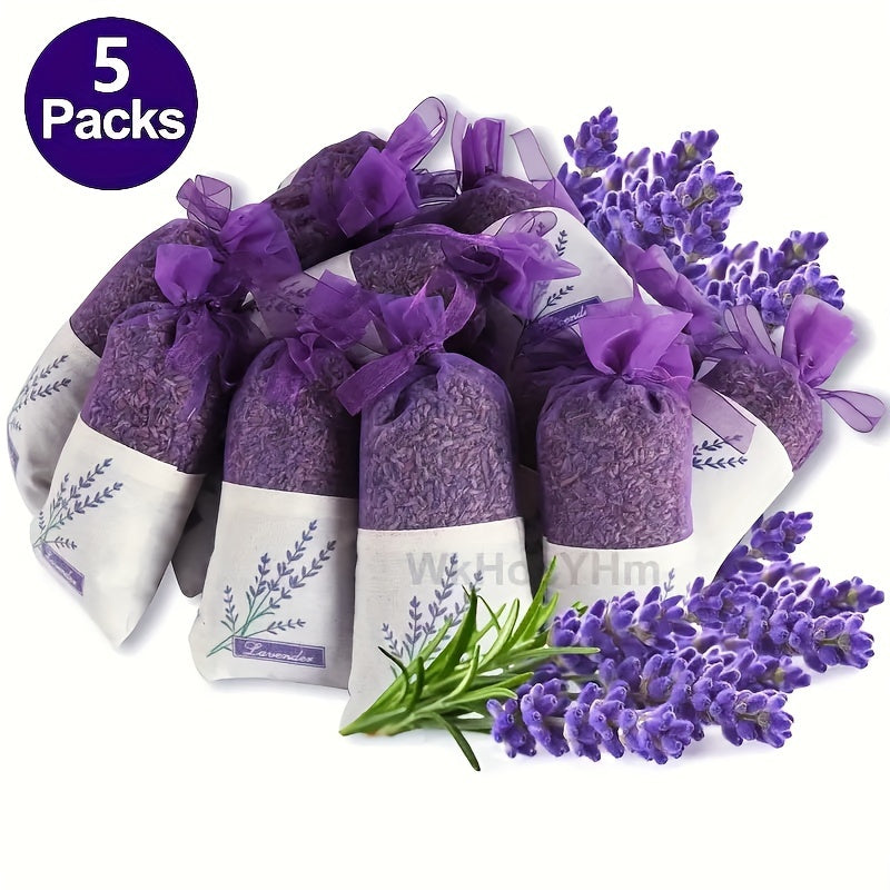 5-Pack lavender scented yarn bags with wooden sachets for car, drawer, and wardrobe; non-electric fresh perfume home fragrance bags in purple color.