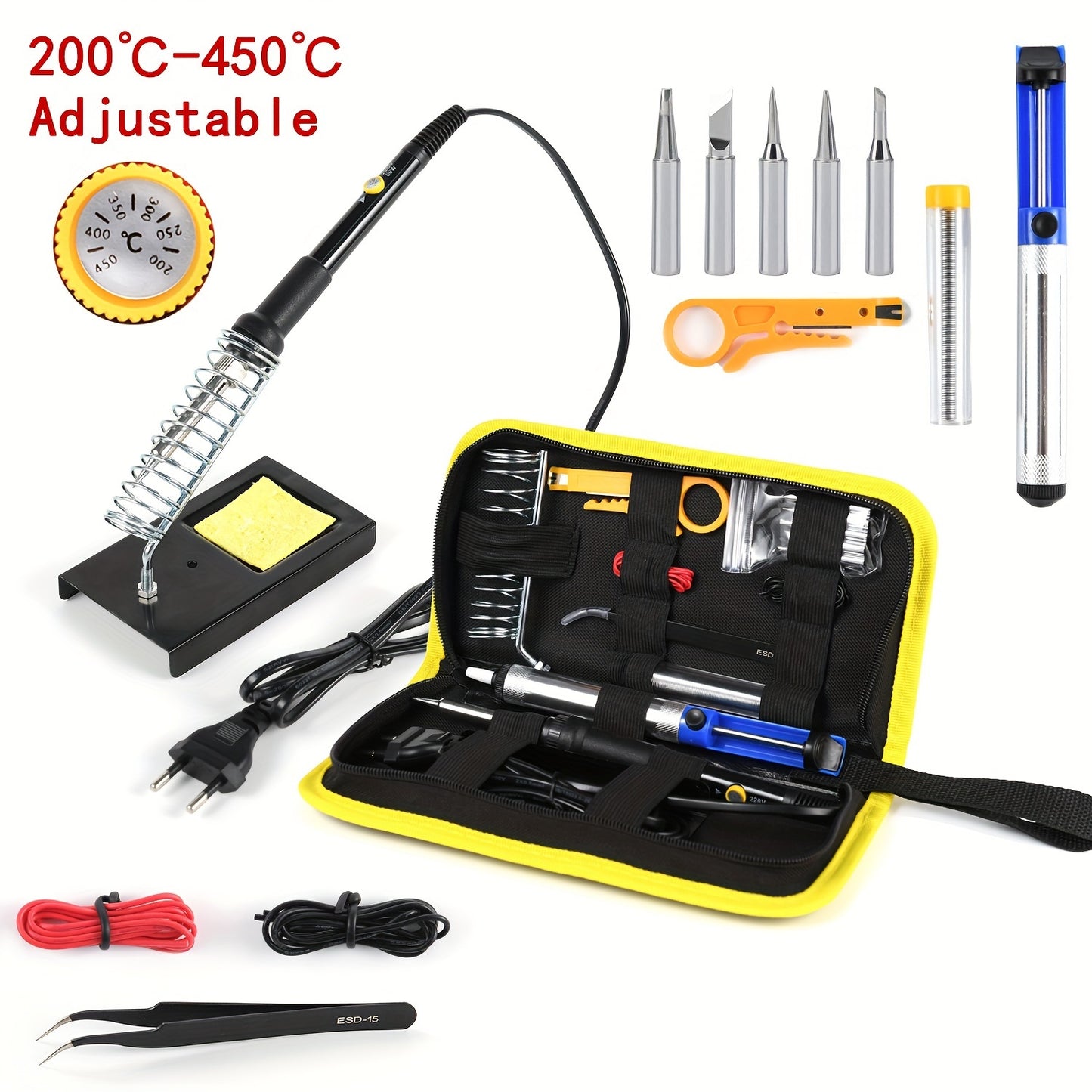 60W Adjustable Temperature Soldering Iron Kit with 15pcs set, Desoldering Pump, Ceramic Heating Element, Electric Solder Station for DIY & Repair, in Red/Blue/Black color scheme.