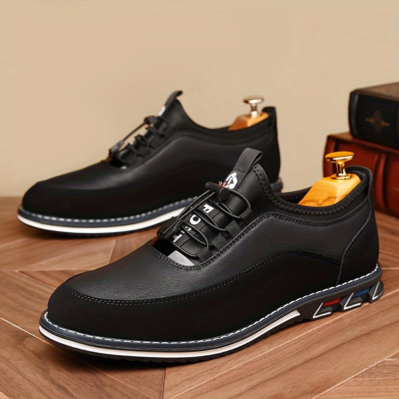 Men's casual low top lace-up shoes with elastic band, PU upper and rubber sole, suitable for all seasons.