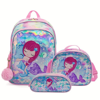 New 3-piece mermaid-themed student bag set includes a crossbody lunch bag, pen bag, and large capacity backpack suitable for school, travel, or outings. The backpack is lightweight and 16 inches in size.