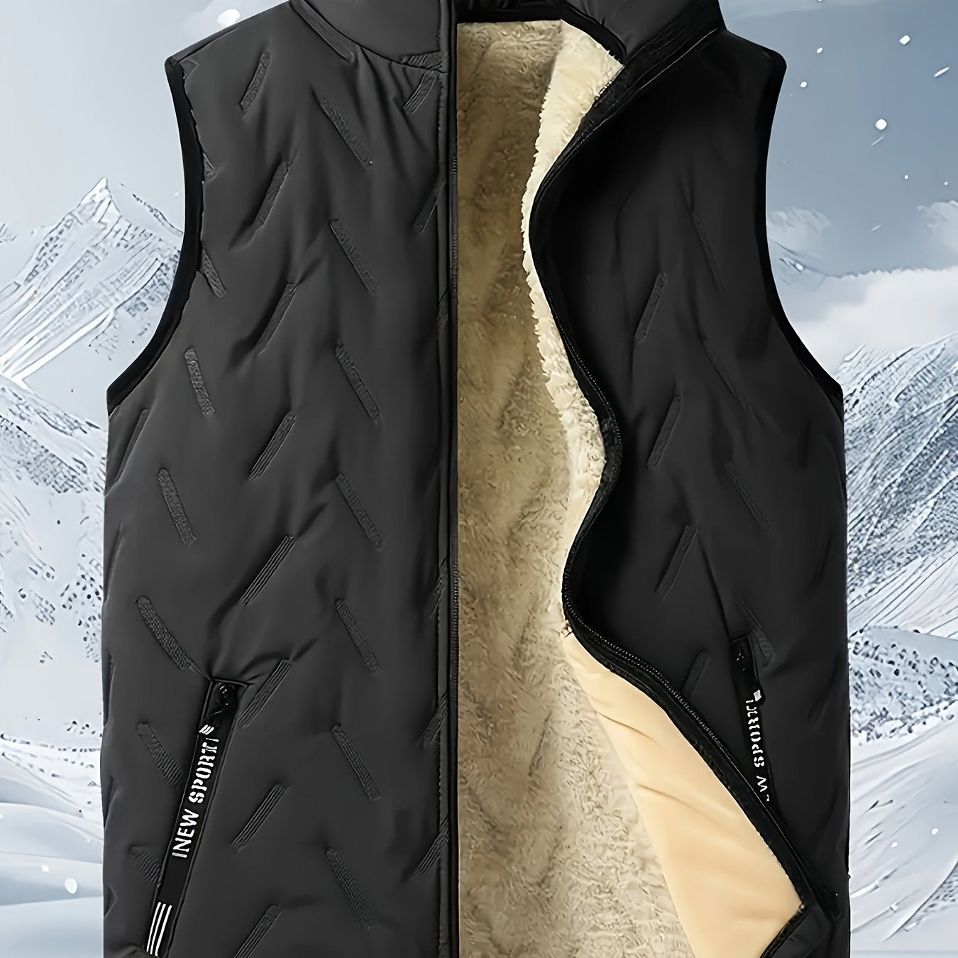 Men's Casual Sleeveless Vest made of 100% polyester fiber filled with stand collar, solid color, non-stretch fabric and pockets. Suitable for Fall/Winter outdoor wear.