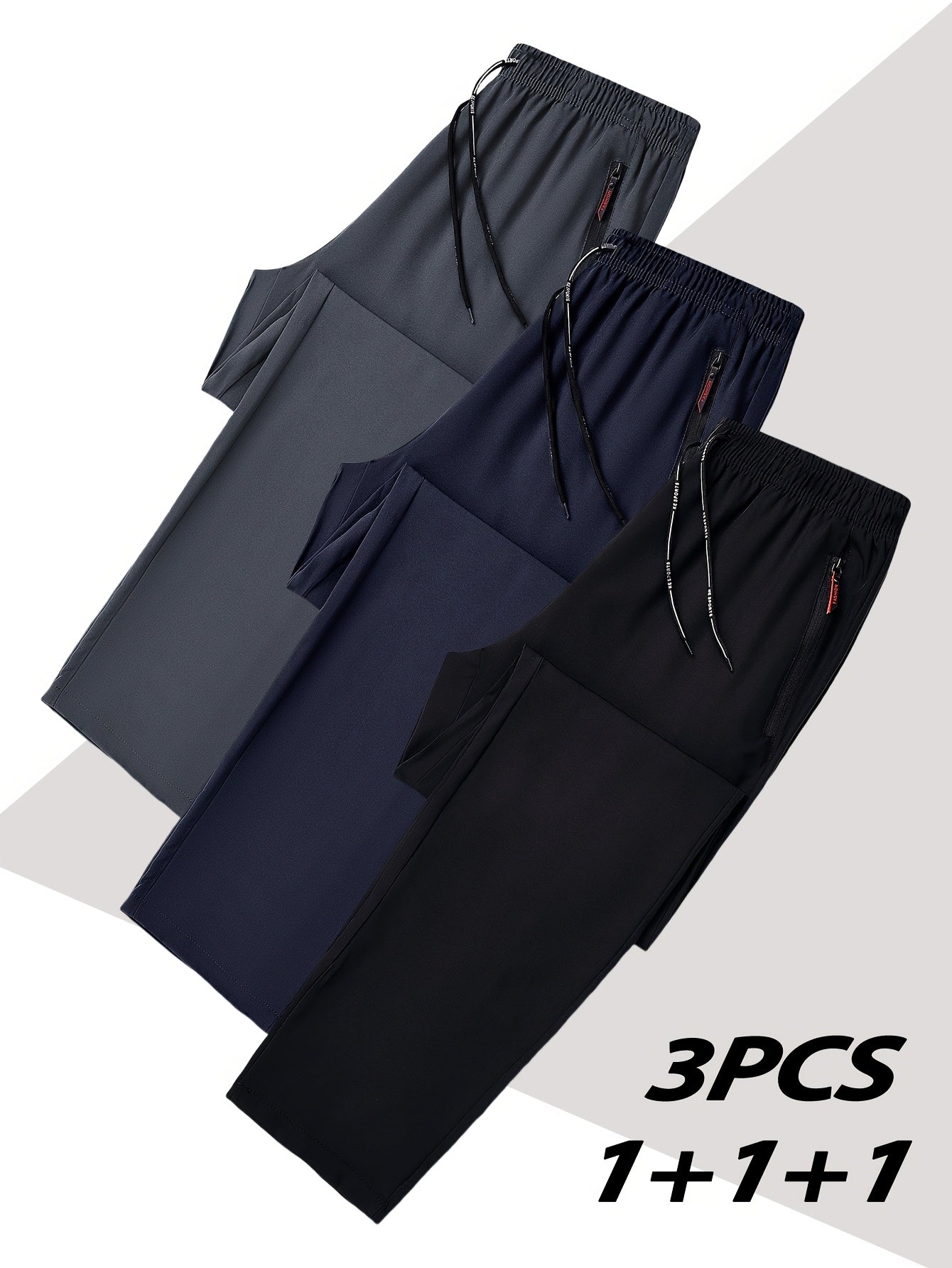 3-Pack men's plus size casual pants made of 100% polyester, featuring zipper detail, regular fit, slight stretch, and solid color for spring/summer.