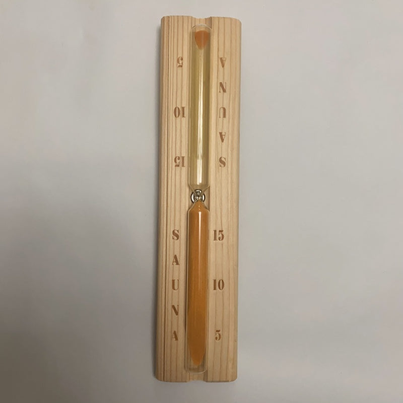 15-minute wooden sauna timer with sand glass, no electricity needed. Durable wooden frame with easy-to-read markings for pool and spa use.