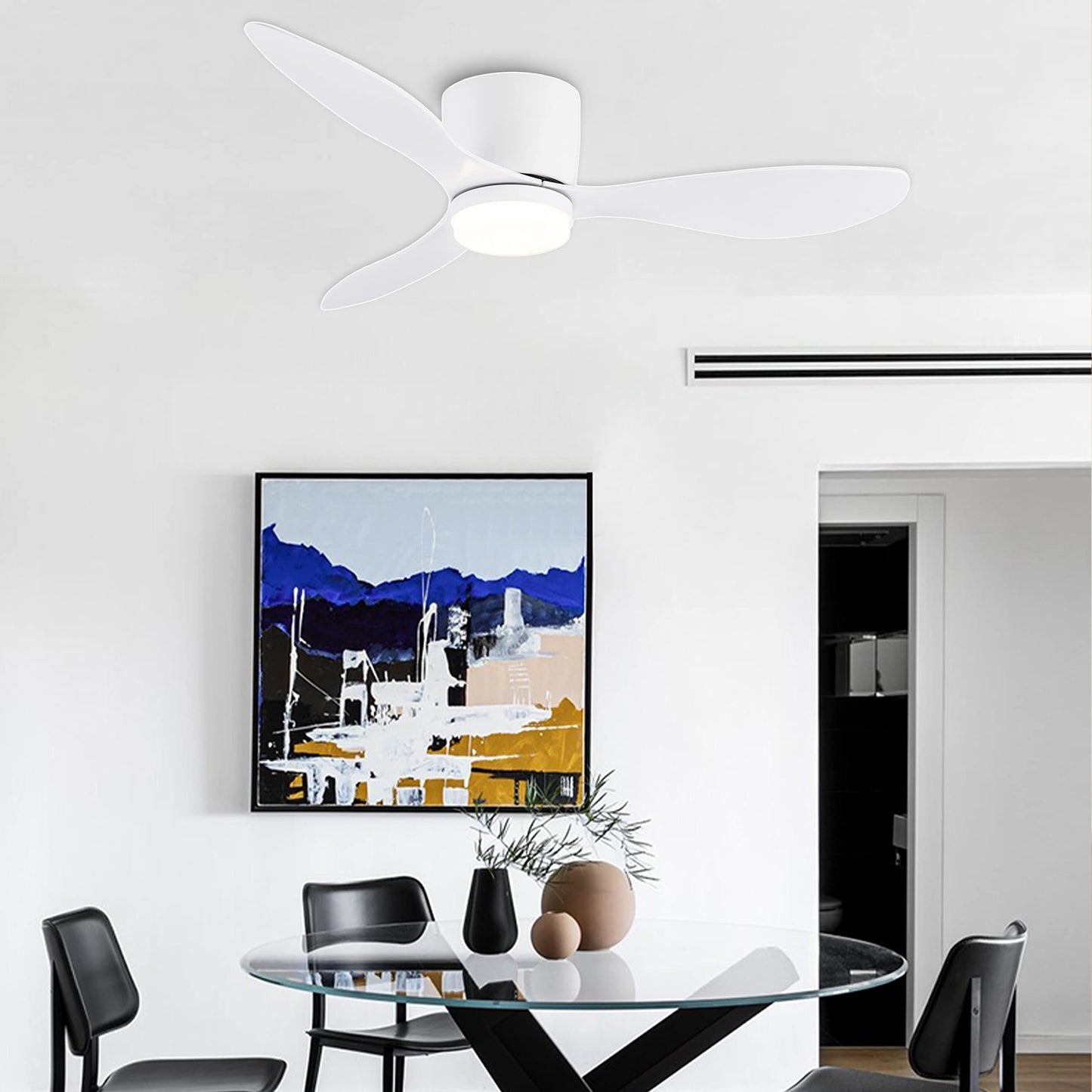 52/42 inch modern ceiling fan with LED lights, remote, adjustable color temperature, 6 wind speeds, 3 blades. For indoor use in living room, bedroom, dining room. Hardwired, 85V-265V. Model