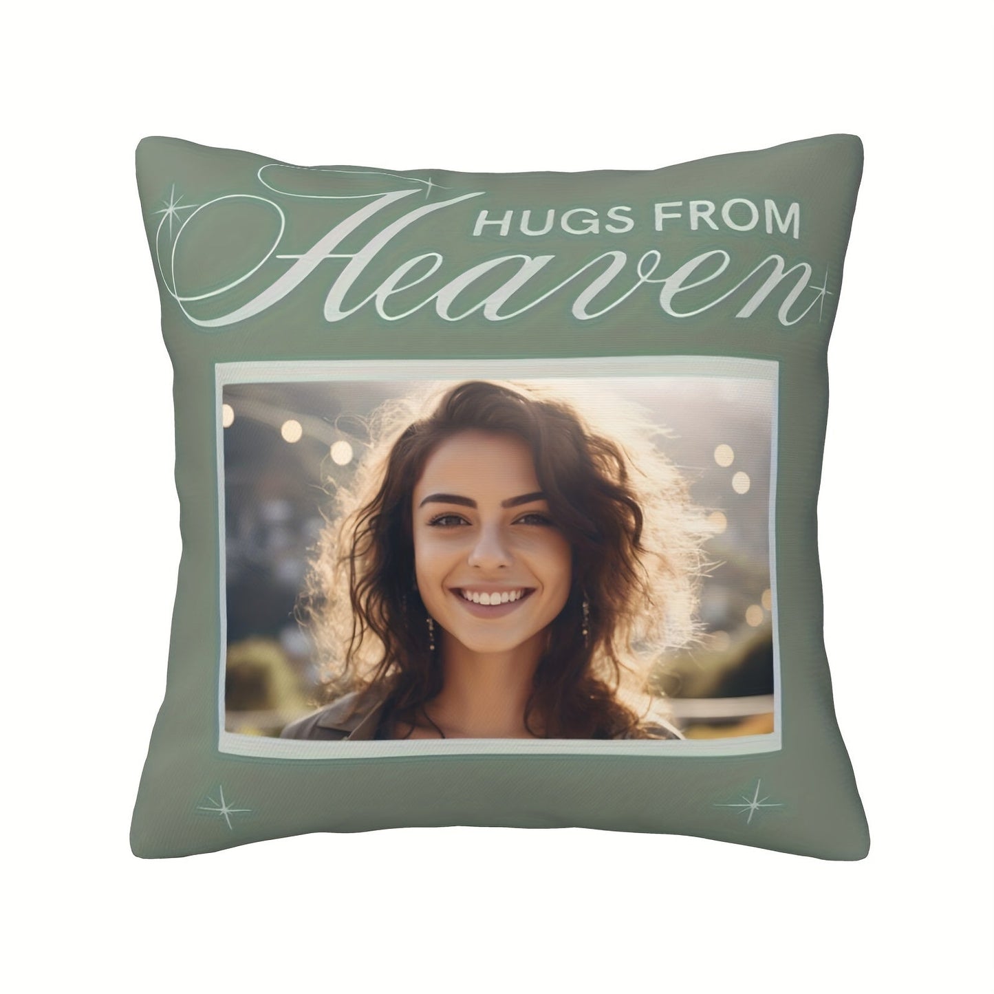 Customize your own photo pillowcase with "HUGS From Heaven" design - a special souvenir for your family, siblings, friends, and loved ones. Pillow core not included. Measures 45.72x45.72 cm with soft fabric and invisible zipper closure.