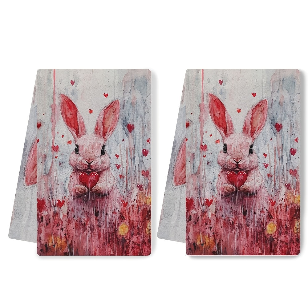 Two pieces of Valentine's Day Bunny Kitchen Towels, featuring a modern Coastal Style design. Made from highly absorbent polyester knit fabric that is machine washable. Each towel measures 40.64x60.96 cm, making them perfect for holiday decor. Item