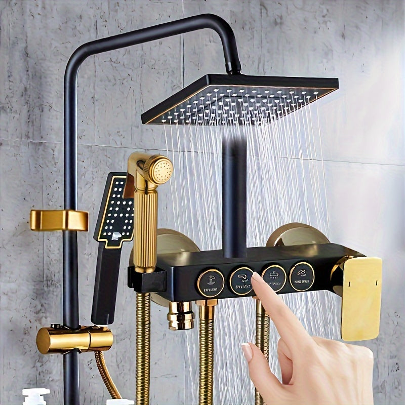 Modern black and gold bathroom shower system with rain showerhead, handheld, tub faucet, and hot/cold water mixer. Made of luxurious brass.