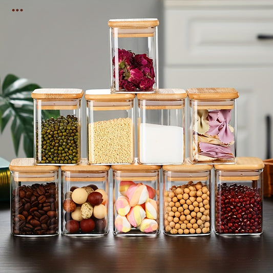 10-Piece Square Glass Spice Jars Set with Measuring Spoon and Airtight Bamboo Lids for Dining and Cookingpurposes.