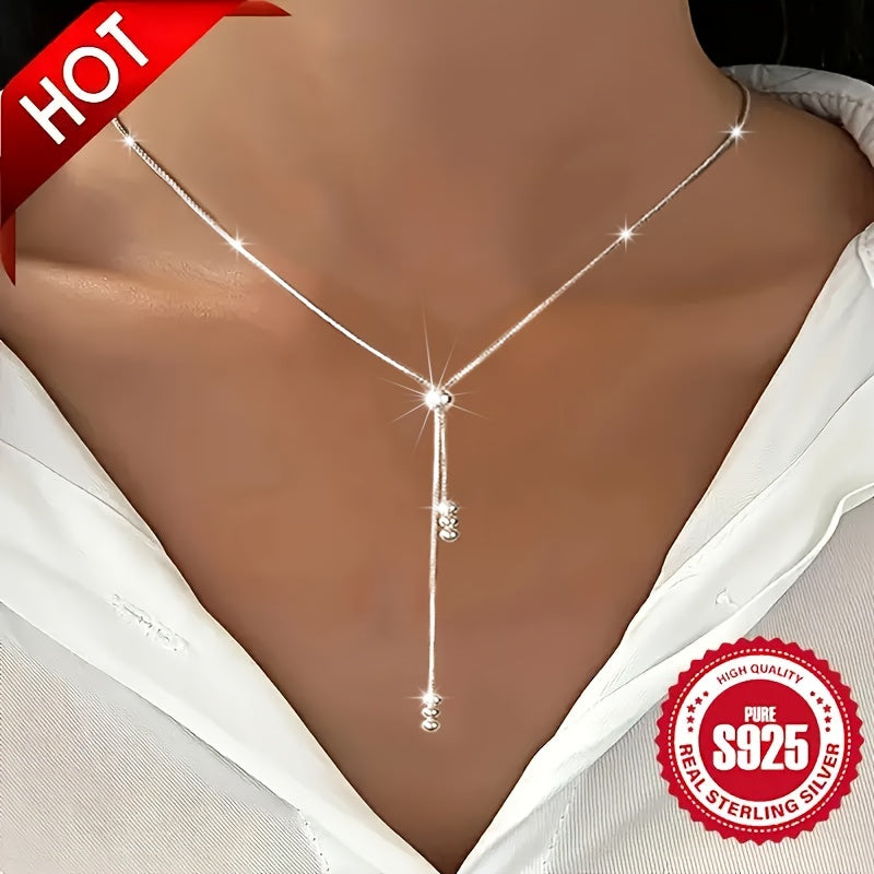 Adjustable telescopic necklace made of 925 silver featuring a retro Y-shaped design with beads. This hypoallergenic neck jewelry is lightweight at 3.05g, making it a perfect holiday gift for women who appreciate simple and stylish accessories.