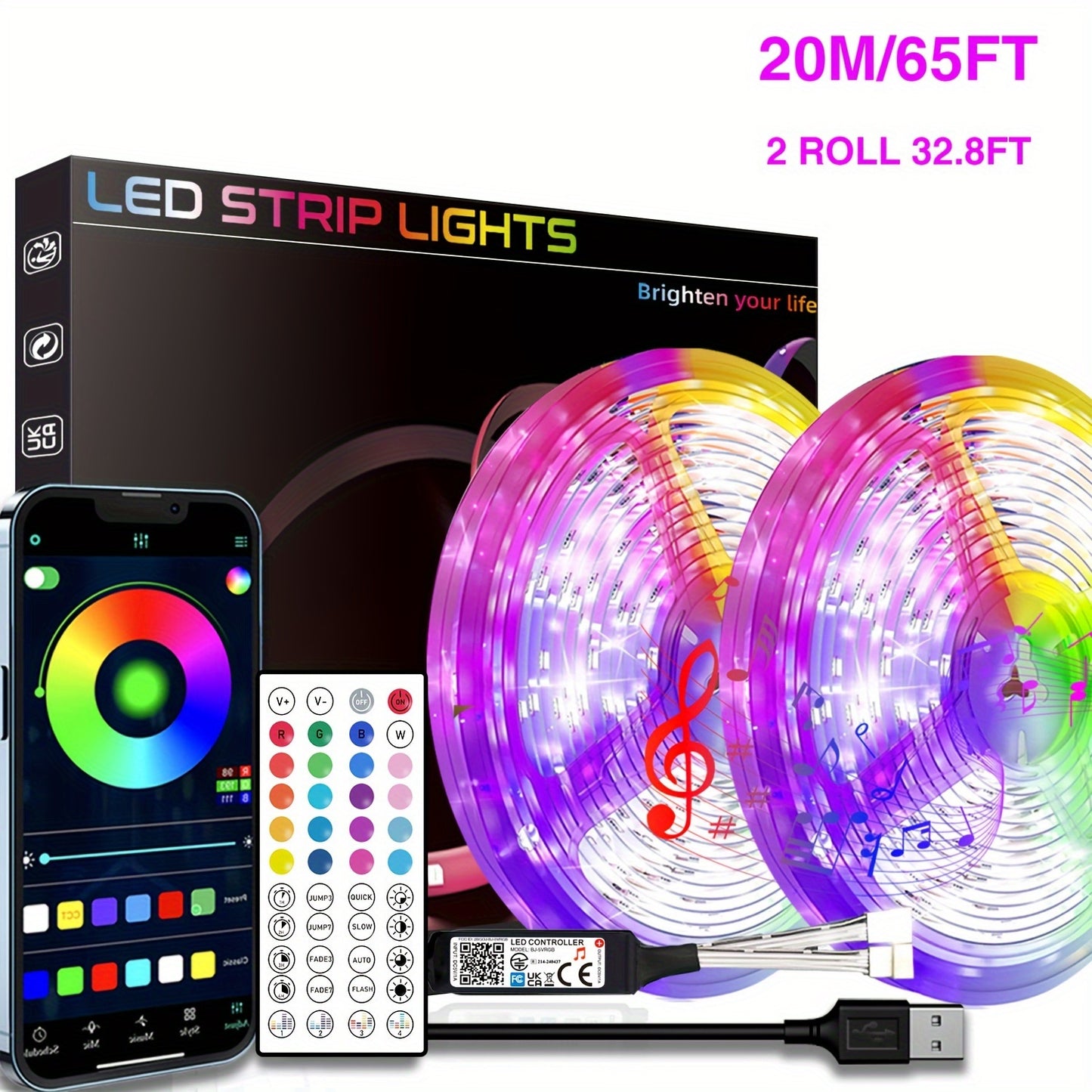 HBOWMDJIA Smart LED Strip Lights: 91.44cm-30.48m, Color Changing & Music Sync, App Control & Remote, USB Powered, Bedroom Ambiance & Party Decor.