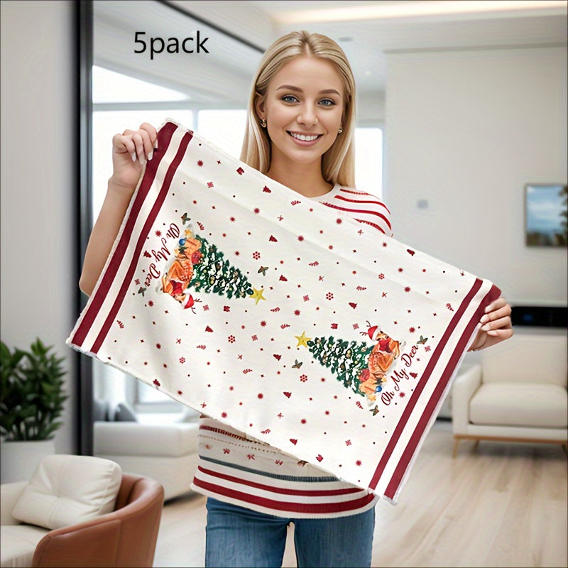 5 soft Christmas towels featuring cartoon patterns of Christmas decorations, trees, snowflakes, and gifts, with excellent water absorption.