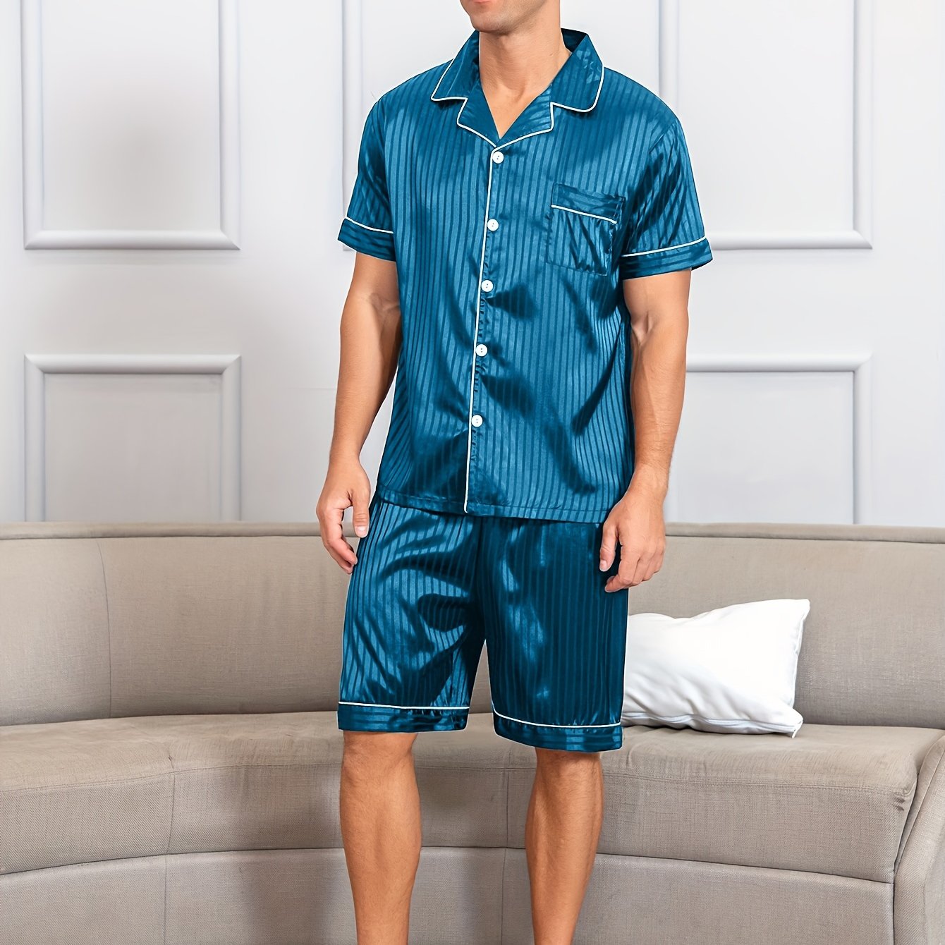 Men's reversible collar pajama set with silky, breathable fabric for summer