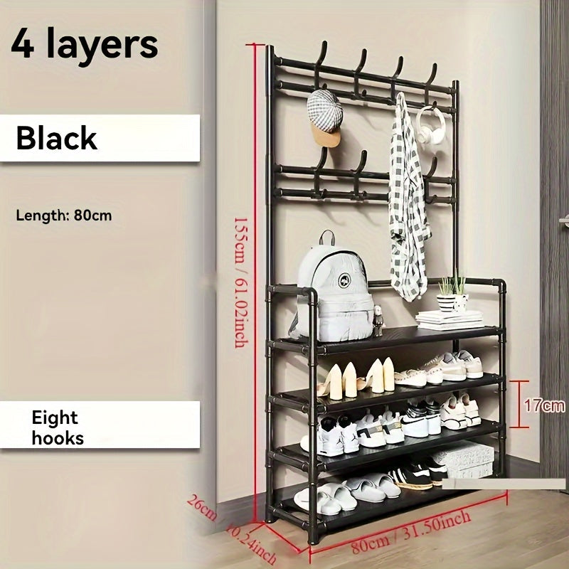 This versatile Metal Entryway Shoe Rack measures 80cm/31.49in wide and features 8 hooks for convenient storage of shoes, scarves, and hats. Perfect for entryways, living rooms, and bedrooms, this rack is easy to install and move around, requiring no wood